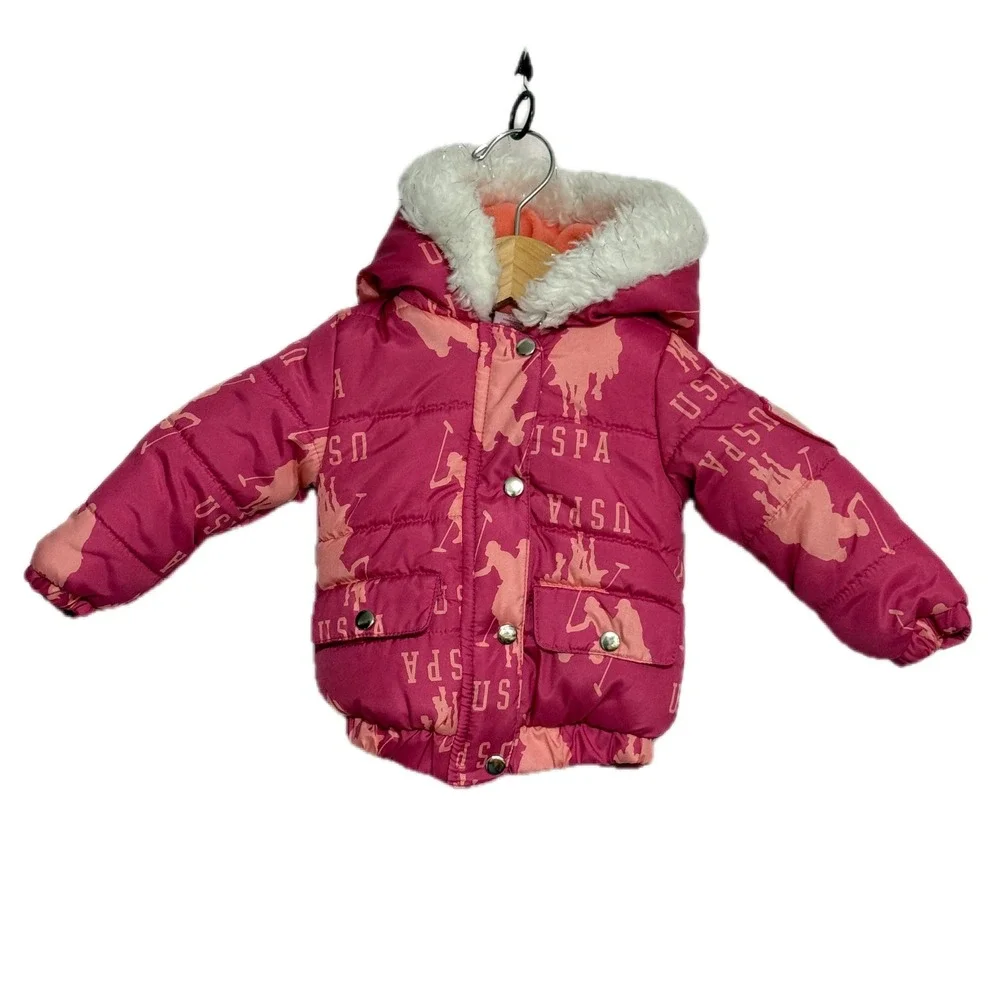 US Polo Assn Kids Puffer Jacket Faux Fur‎ Hood Pink Logo Print 12M